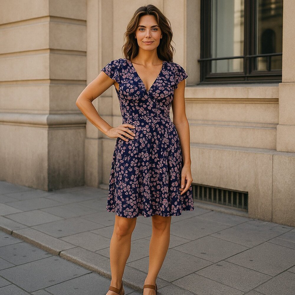 Draper James Navy Floral Fit & Flare Dress with Pink Blossoms